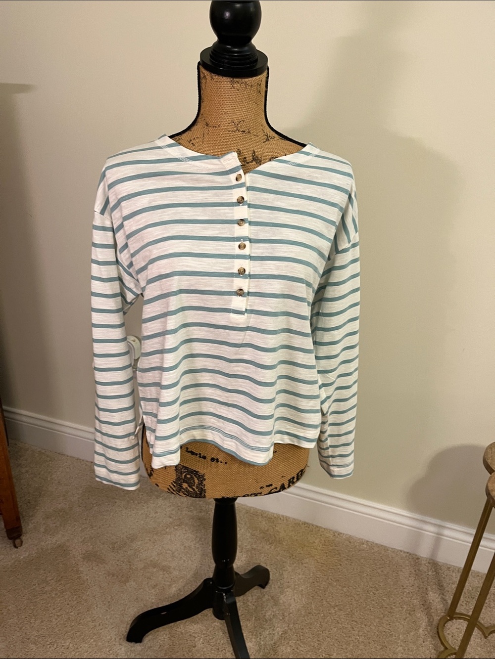 Old Navy White and Light Teal Striped Henley Long-Sleeve Top